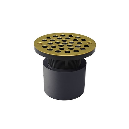 Jones Stephens 2in. PVC Over Pipe Fit Drain Base with 2in. Plastic Spud and 4in. Polished Brass Stamped Strainer D53194